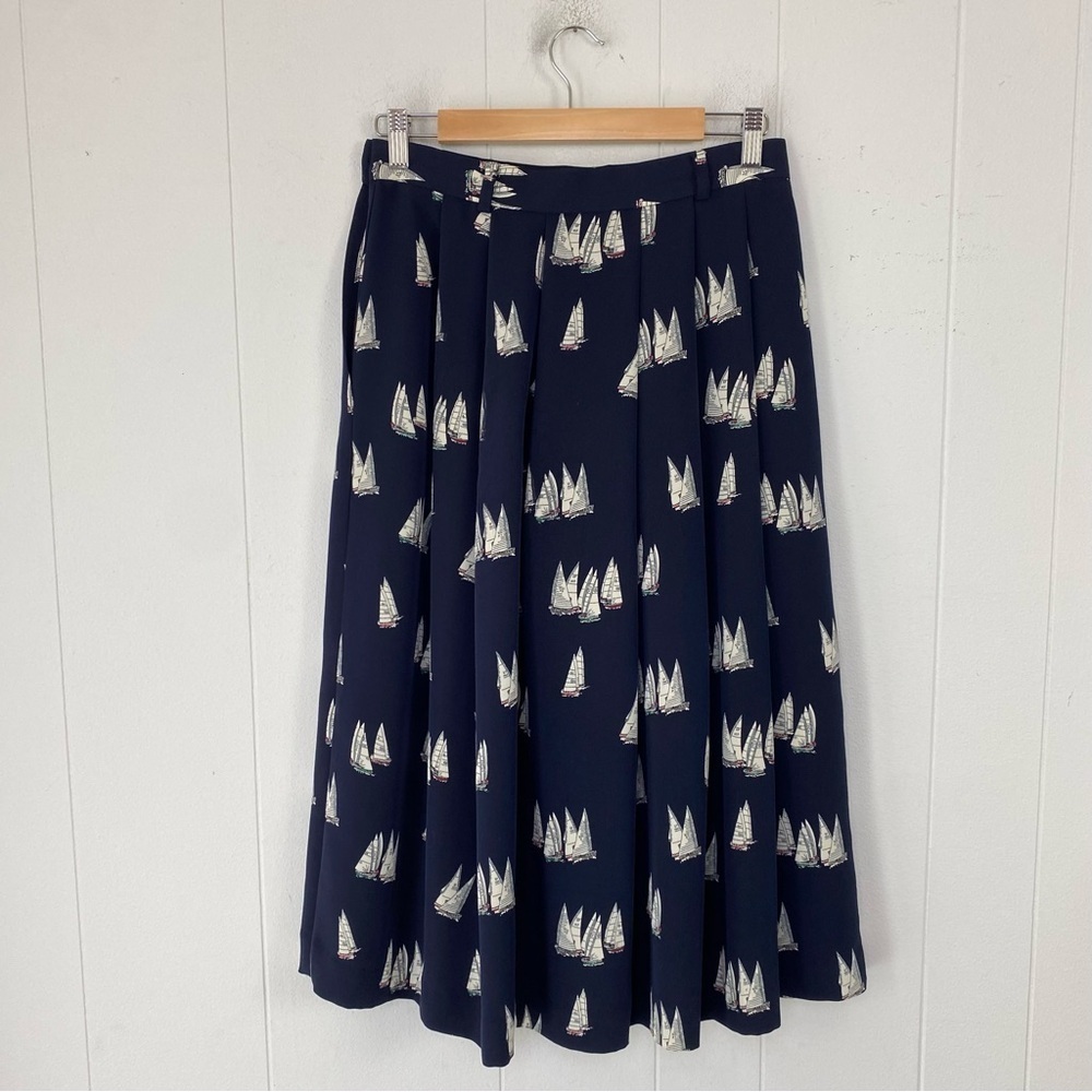 J.G. Hook Womens Midi Skirt 29” W Navy White Sailboat Pleated Nautical Pockets * - Picture 11 of 16
